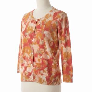 Talbots Cardigan Sweater Abstract Print Crewneck Button Front Orange S bv